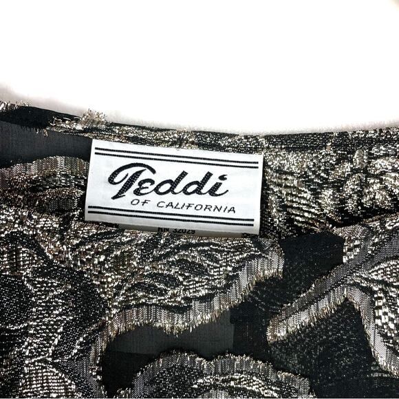 Vintage Silver Sparkling Top Boat Neck Rose Print Celebration Metallic - Picture 5 of 7